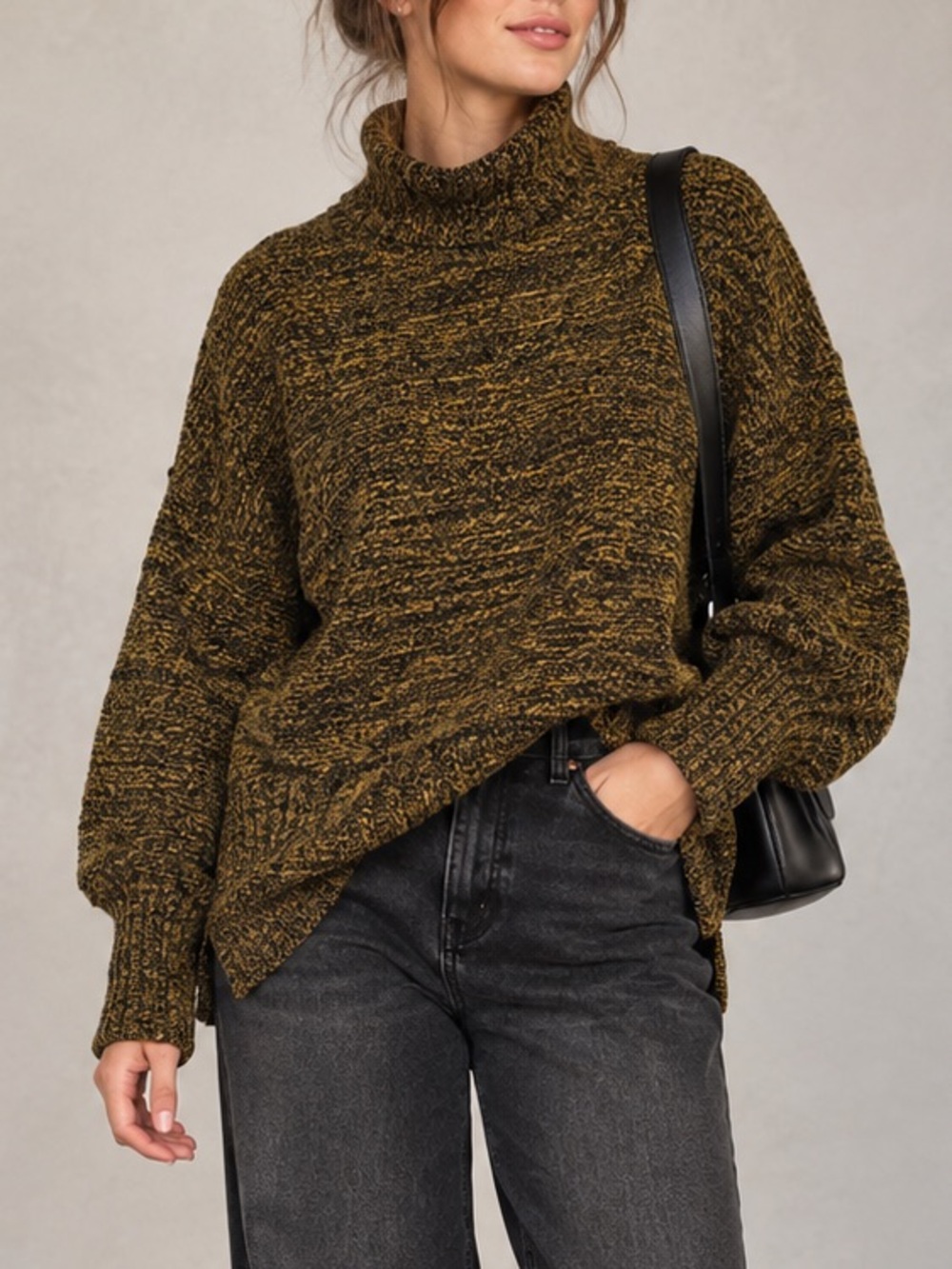 Topshop Marled Turtleneck Sweater Black Mustard Oversized Slouchy Knit US 10